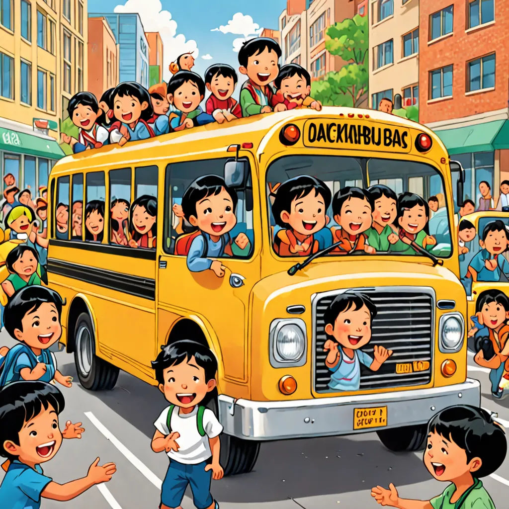a group of children standing in front of a school bus with a large group of people on top of it, cloisonnism, a storybook illustration, Choi Buk, detailed illustration