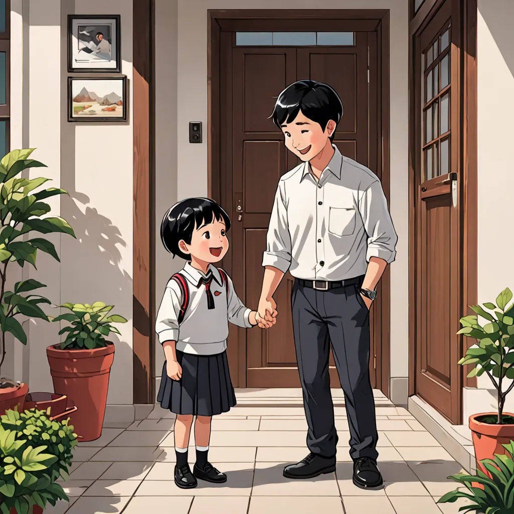 a boy and girl holding hands in front of a door with potted plants on either side of them, private press, a comic book panel, Byeon Sang-byeok, official art