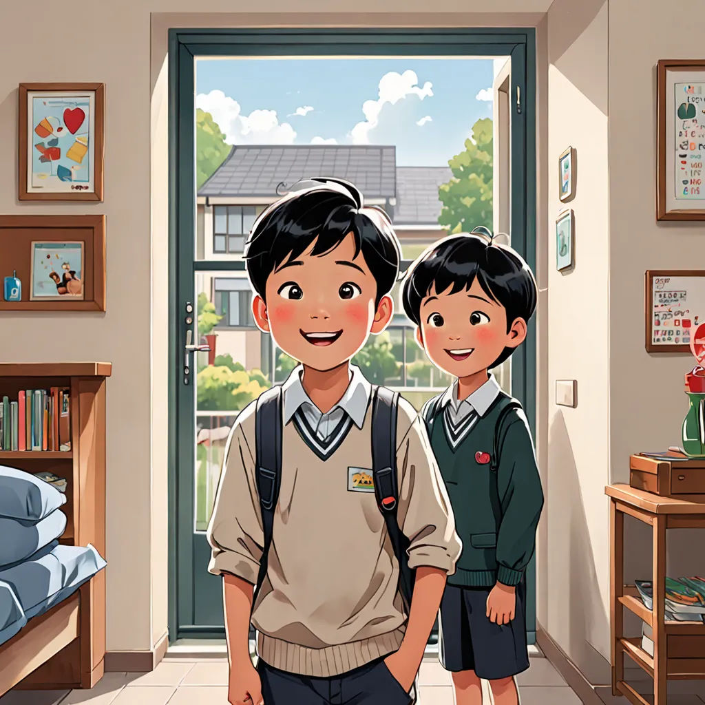 a boy and a girl standing in a room with a door open to a bedroom with a bed and a desk, paris school, a comic book panel, Brothers Hildebrandt, official art