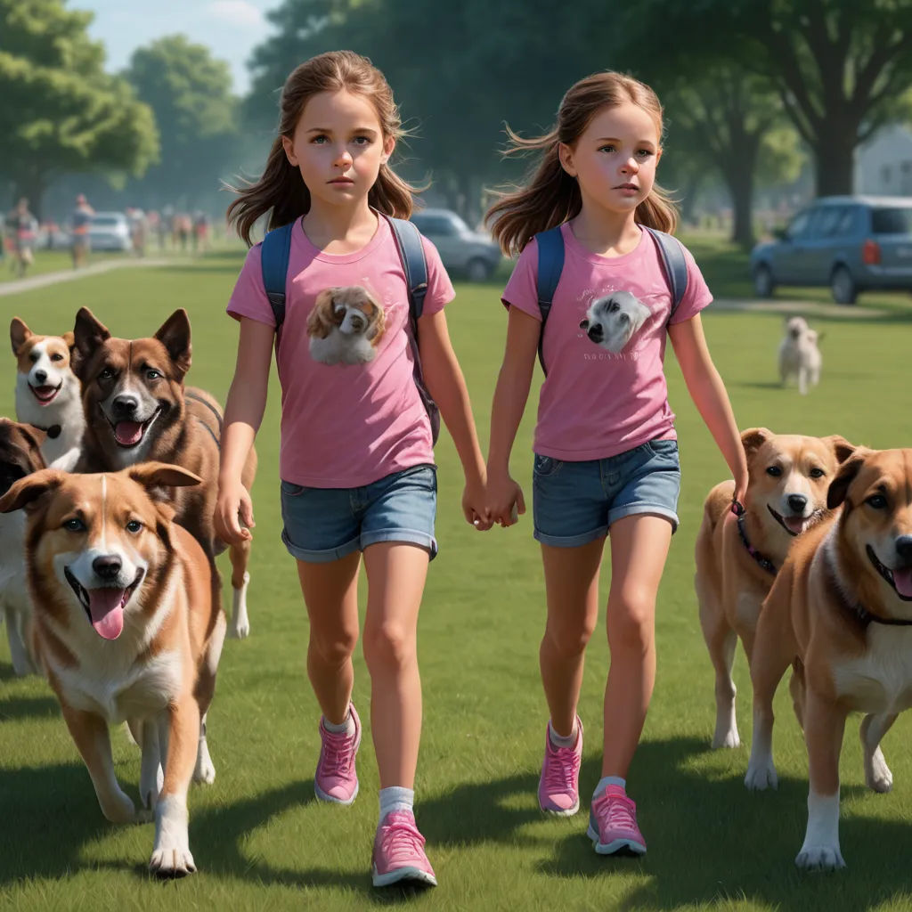 two girls and two dogs are walking in the grass together with their heads on their paws and their faces on their backs, rayonism, concept art, Beeple, promotional image
