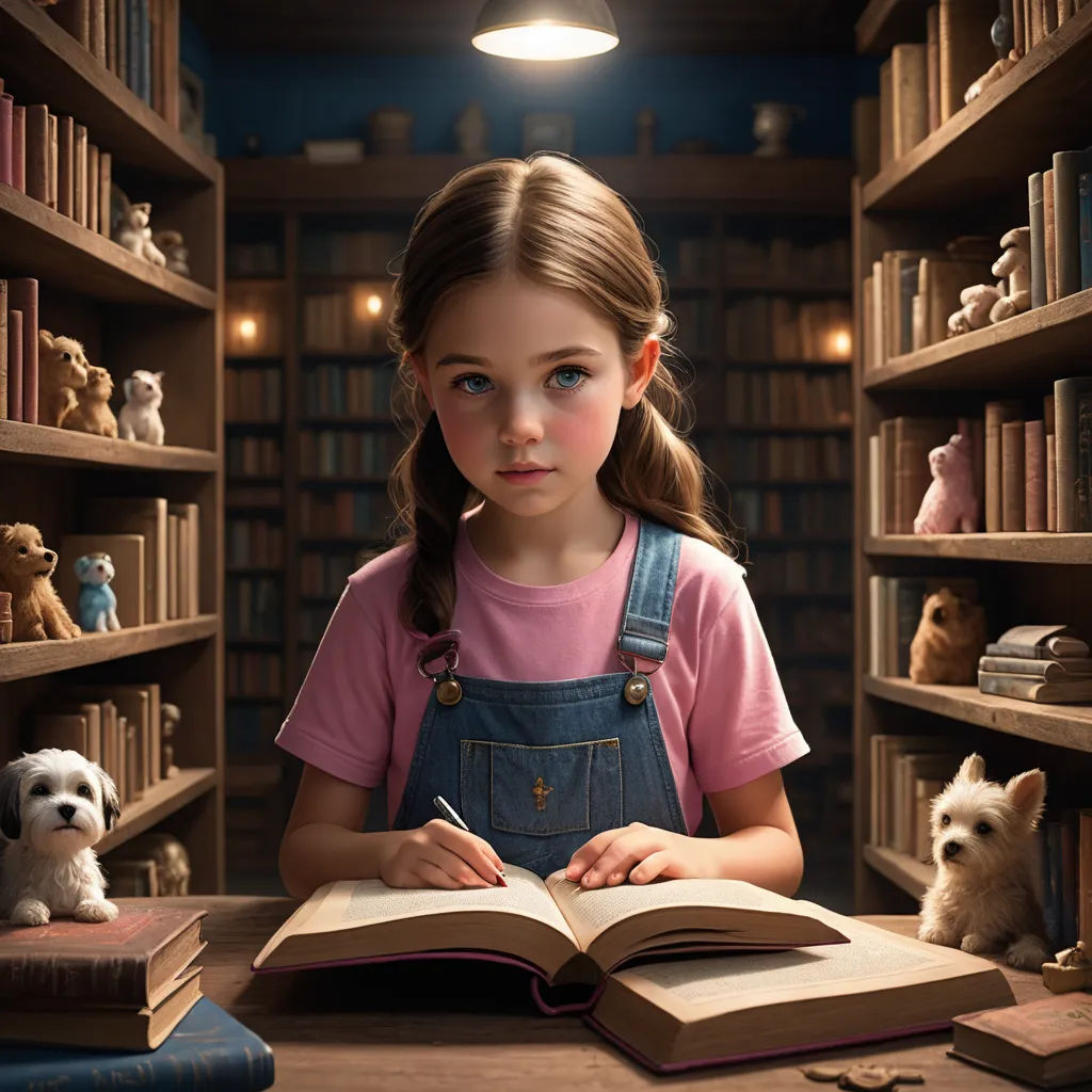 a little girl sitting at a table with a book and a dog in front of her and a bookcase full of books, magical realism, a storybook illustration, Brad Kunkle, behance hd