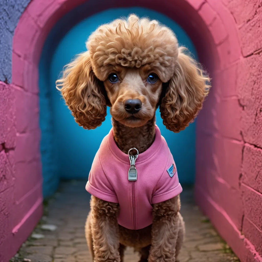 a poodle wearing a pink shirt standing in a tunnel of pink bricks with a blue background and a pink wall, art photography, a character portrait, Elke Vogelsang, animal photography