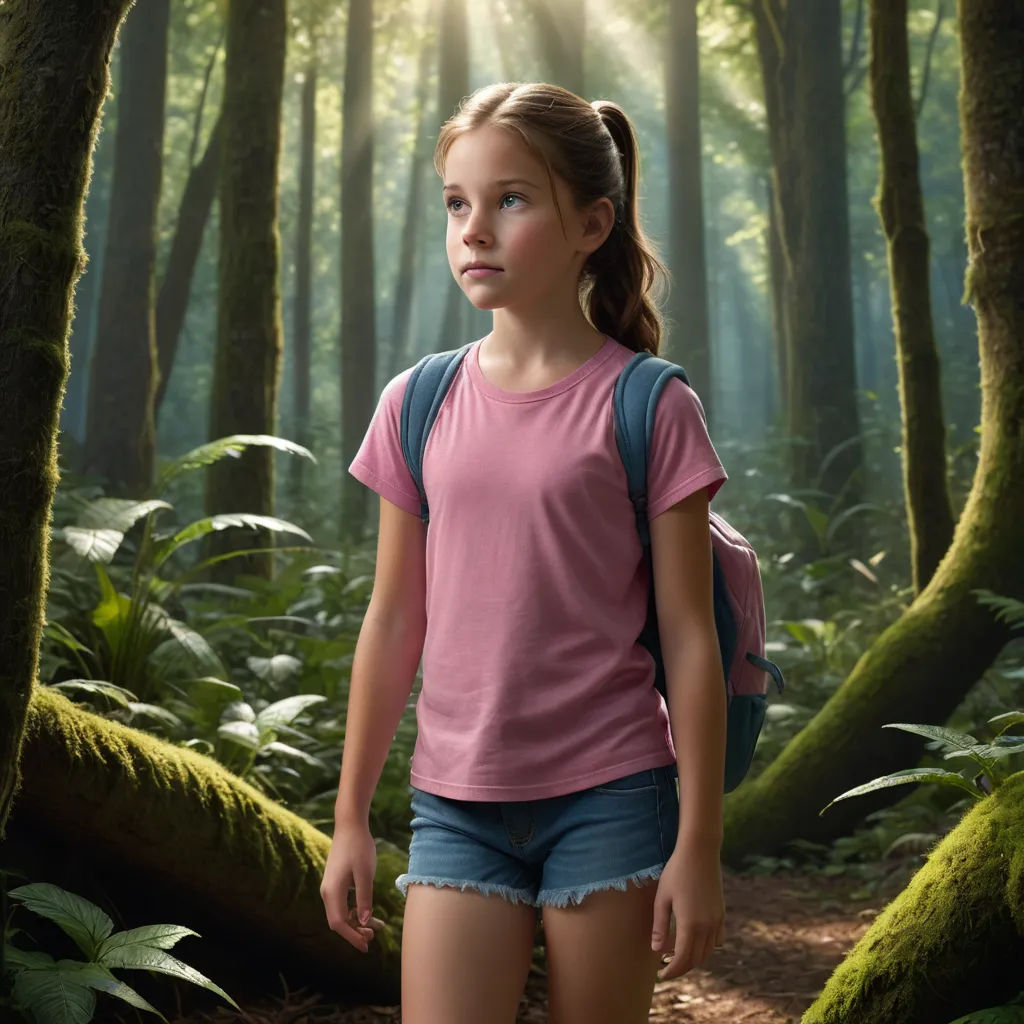 a young girl is walking through a forest with a backpack on her back and a backpack on her shoulder, environmental art, a detailed matte painting, Daniel Lieske, promotional image