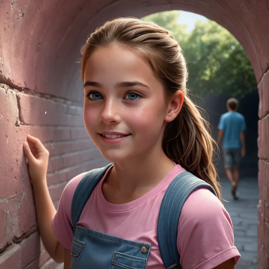 a girl with a ponytail standing in a tunnel with a backpack on her shoulder and a pink shirt on, photorealism, a photorealistic painting, Daniel Lieske, ultra realistic digital art