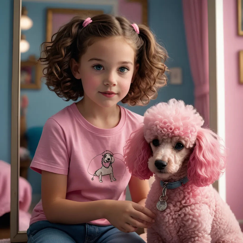 a girl sitting on a bed with a pink poodle dog in her lap and a mirror behind her, precisionism, a photorealistic painting, Celia Fiennes, promotional image