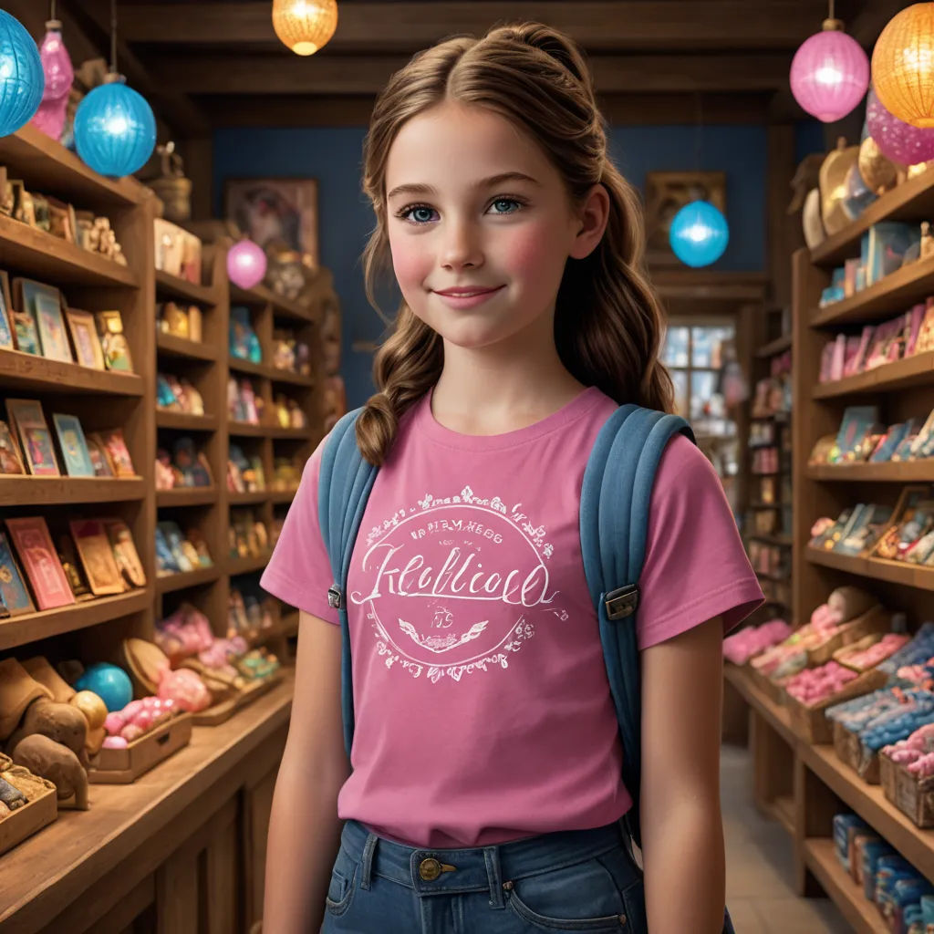 a girl standing in a store with a backpack on her shoulder and a pink shirt on her chest and a blue backpack on her shoulder, kitsch movement, a storybook illustration, Christian Hilfgott Brand, kinkade