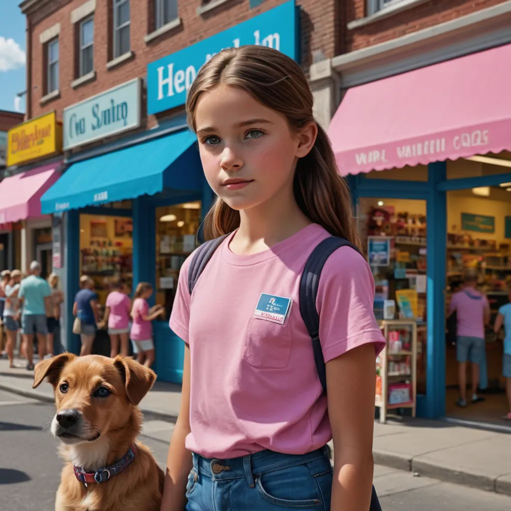 a girl and a dog are standing on the street in front of a storefront with people walking by, hyperrealism, an album cover, Claire Hummel, promotional image
