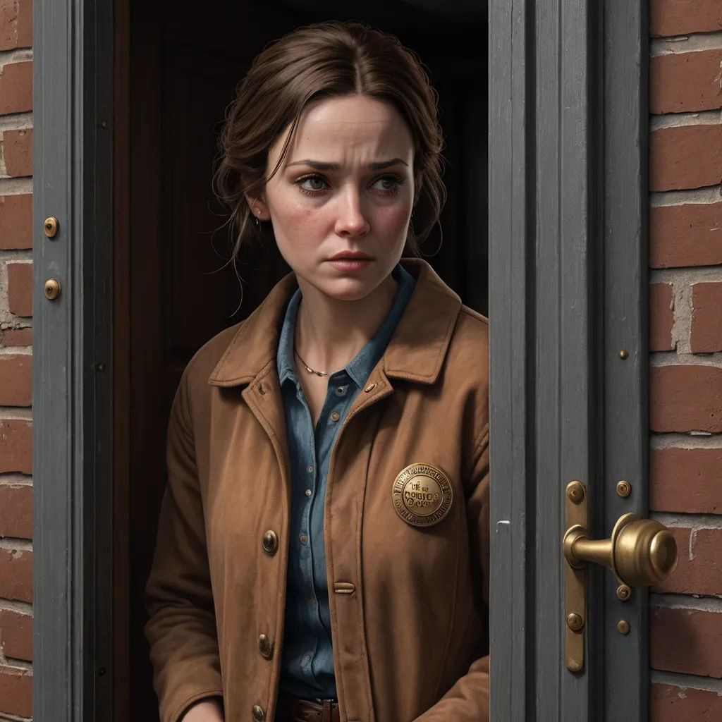 a woman standing in a doorway with a brown jacket on and a blue shirt on and a brown jacket on, serial art, a character portrait, David Budd, promotional image