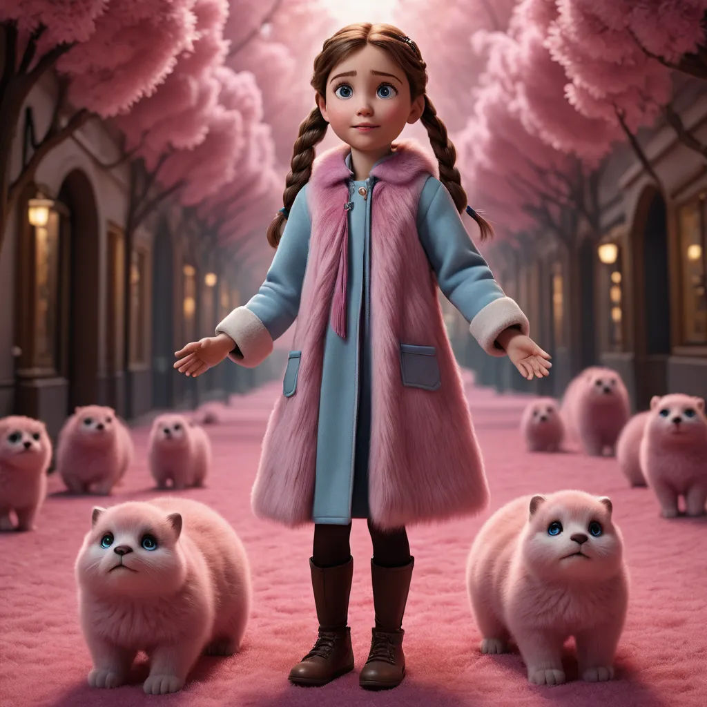 a girl standing in front of a bunch of cats in a pink carpeted area with trees and buildings, furry art, a character portrait, Chris LaBrooy, promotional image