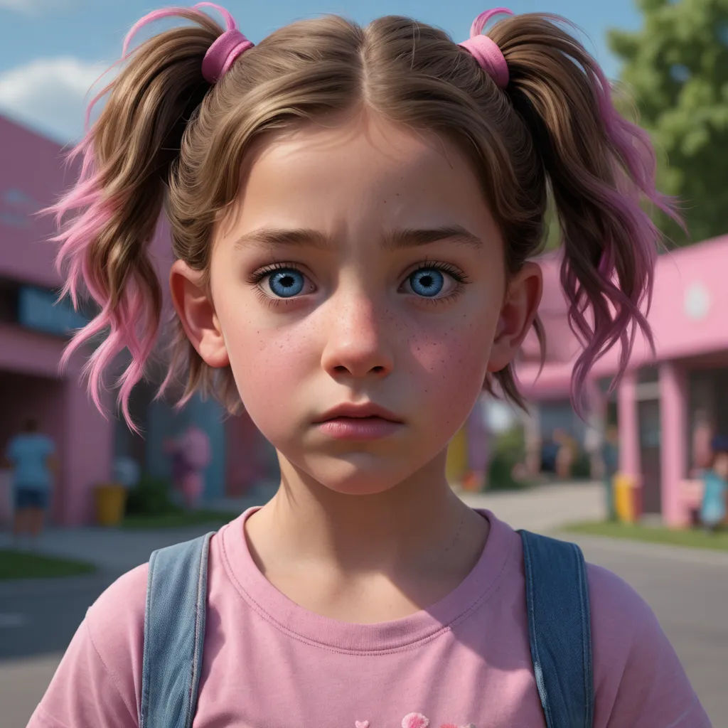 a little girl with pink hair and blue eyes looks at the camera with a serious look on her face, photorealism, a hyperrealistic painting, Eddie Mendoza, cgstudio