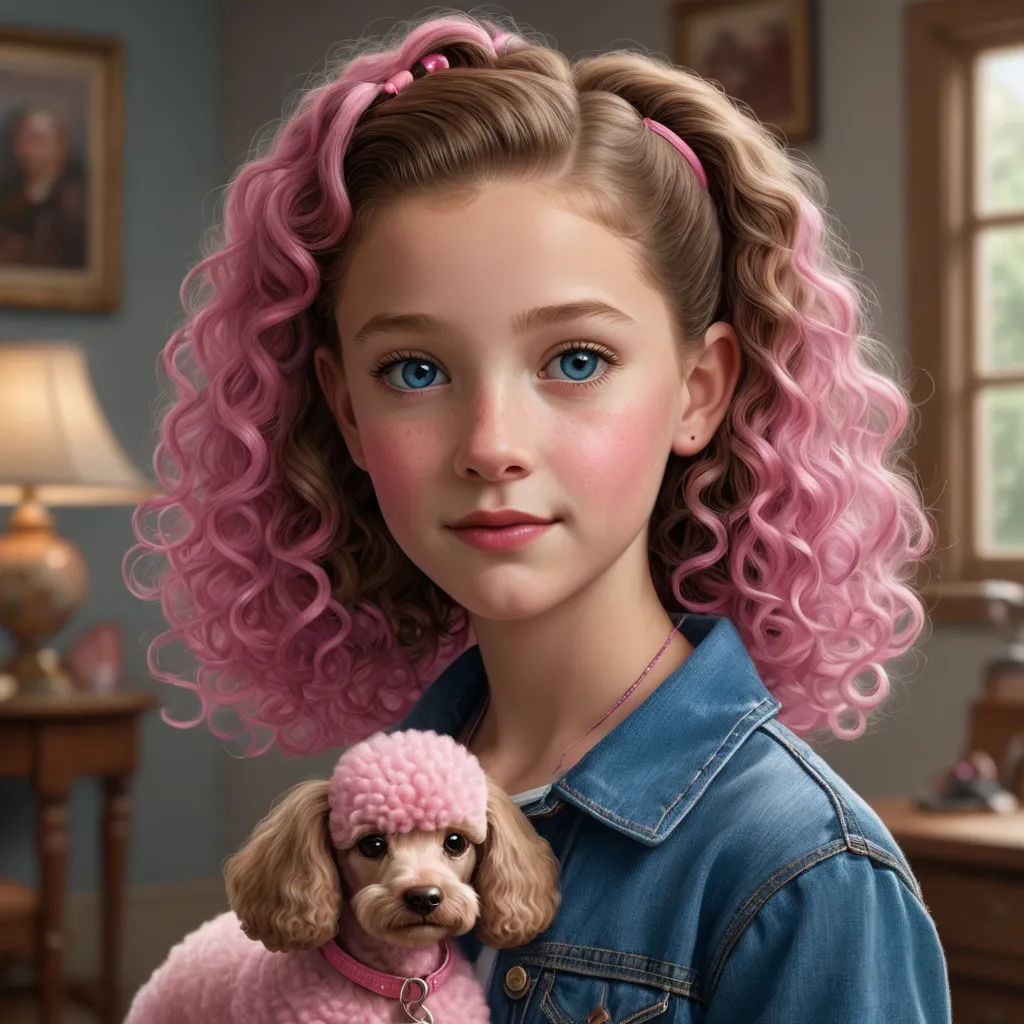 a painting of a girl with a pink poodle in her lap and a blue jean jacket on her shoulders, photorealism, a hyperrealistic painting, Bob Byerley, highly detailed digital painting