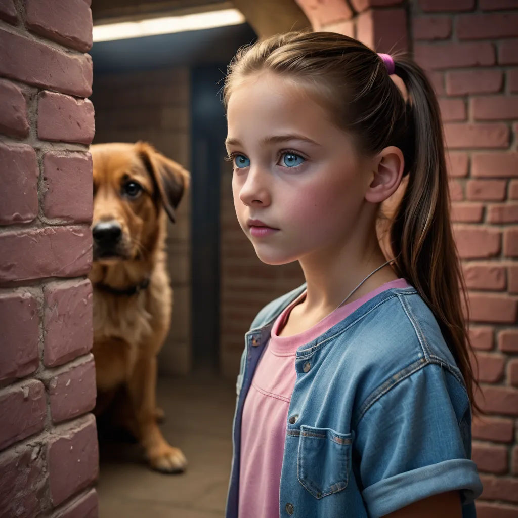 a girl and a dog are looking out of a brick wall together, with a dog looking on from the other side, magical realism, a poster, Elke Vogelsang, promotional image
