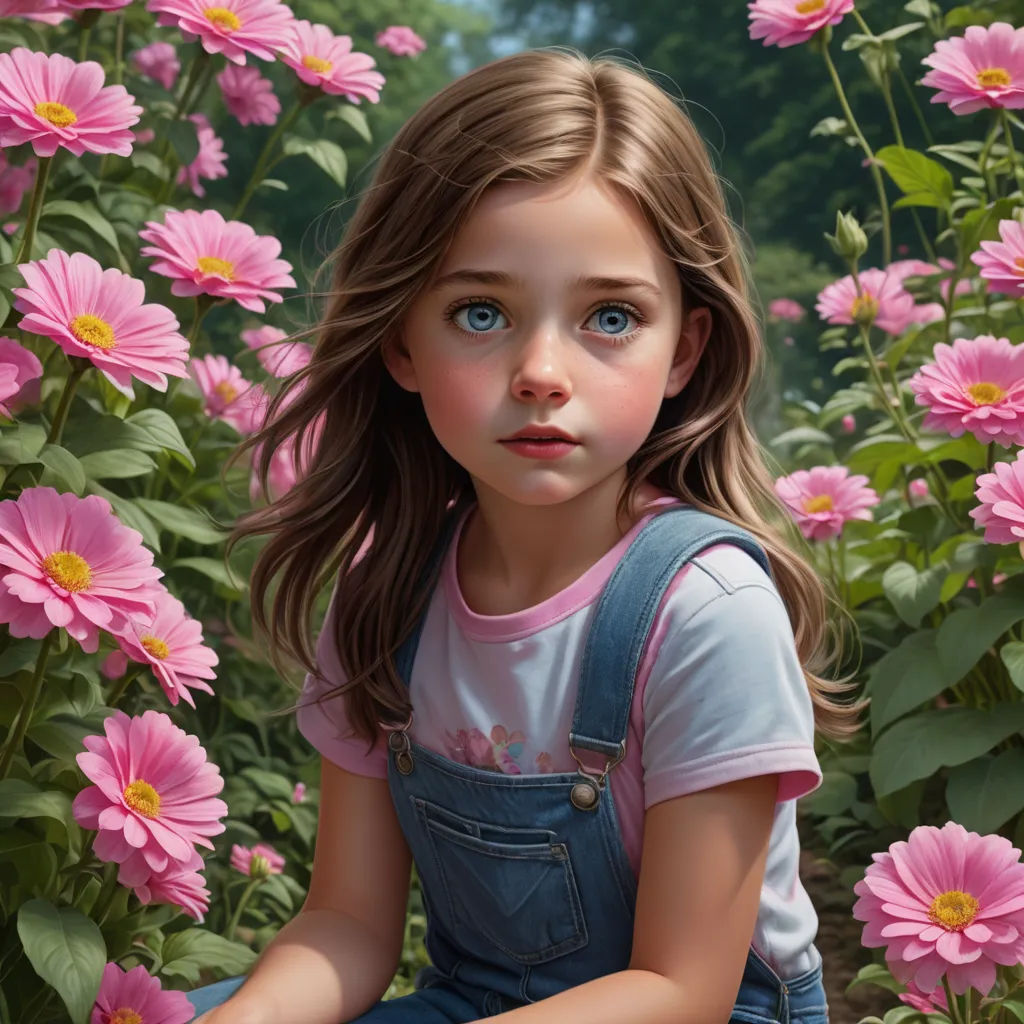a painting of a girl sitting in a field of flowers with a blue eye and a pink shirt on, photorealism, a photorealistic painting, Brad Kunkle, highly detailed digital painting