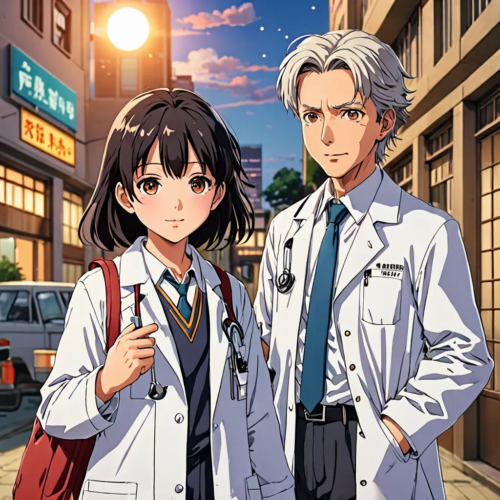a couple of people standing next to each other on a street at night time with a building in the background, remodernism, poster art, Ai-Mitsu, official art