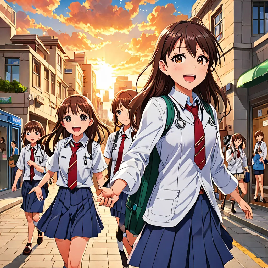 a group of girls walking down a street in school uniforms with backpacks on their shoulders and a girl in a red shirt and tie, rayonism, poster art, Ai-Mitsu, official art