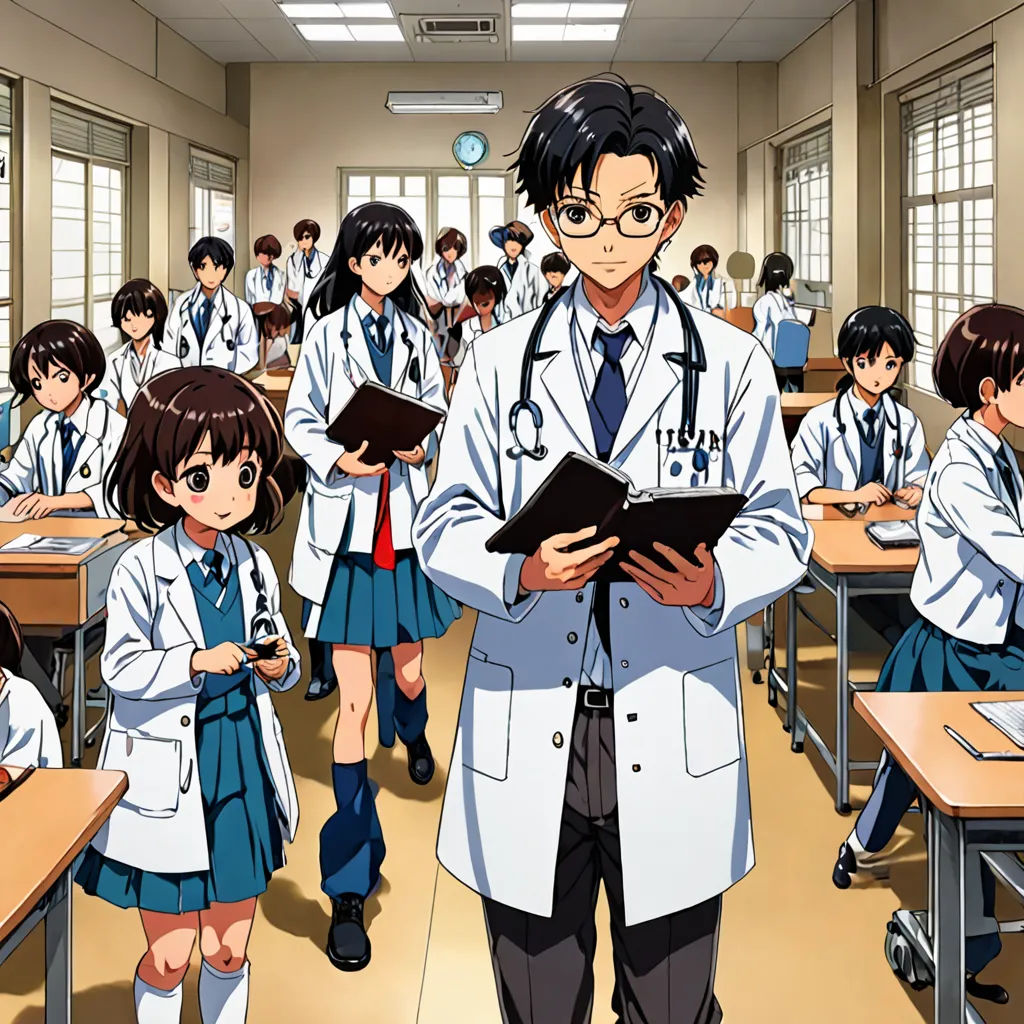a group of people in a classroom with a man in a lab coat and a woman in a skirt, remodernism, a manga drawing, Ai-Mitsu, official art