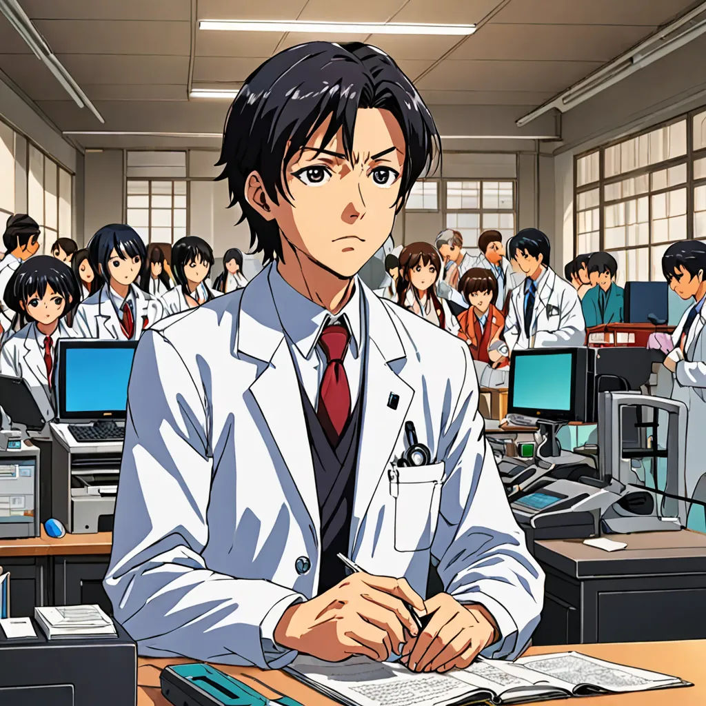 a man in a lab coat sitting at a desk in front of a group of people in a classroom, remodernism, a stock photo, Dr. Atl, official art