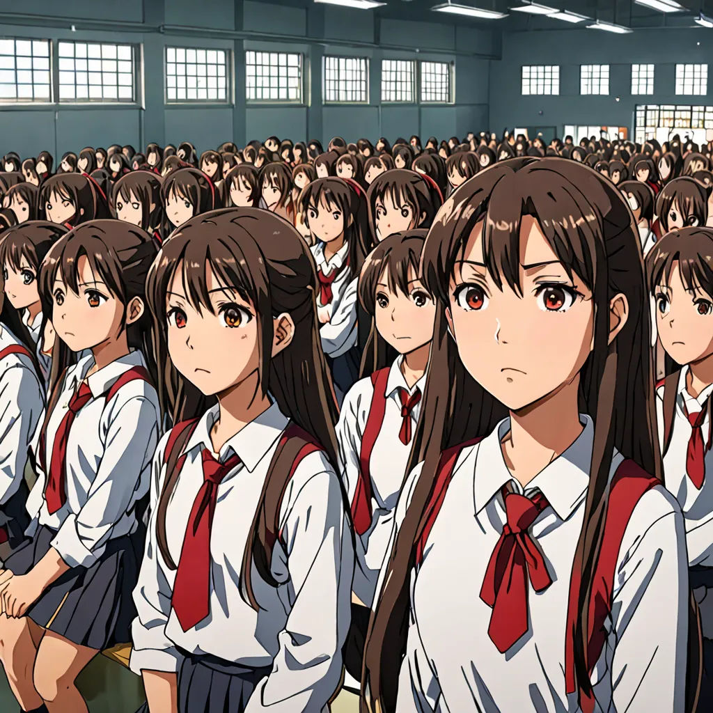 a group of girls in school uniforms standing in a room with a crowd of people behind them and looking at the camera, rayonism, concept art, Beeple, official art