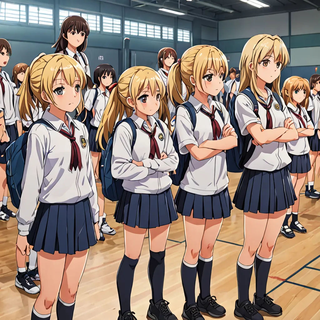 a group of girls standing in a gym with their arms crossed and looking at the camera with a group of other girls standing behind them, rayonism, concept art, Baiōken Eishun, official art