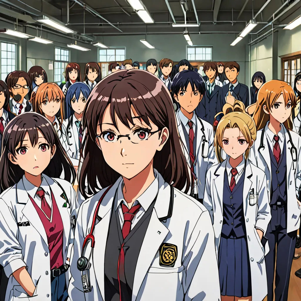 a group of people in a room with many wearing lab coats and ties and standing in front of a group of people, remodernism, a screenshot, Dr. Atl, official art