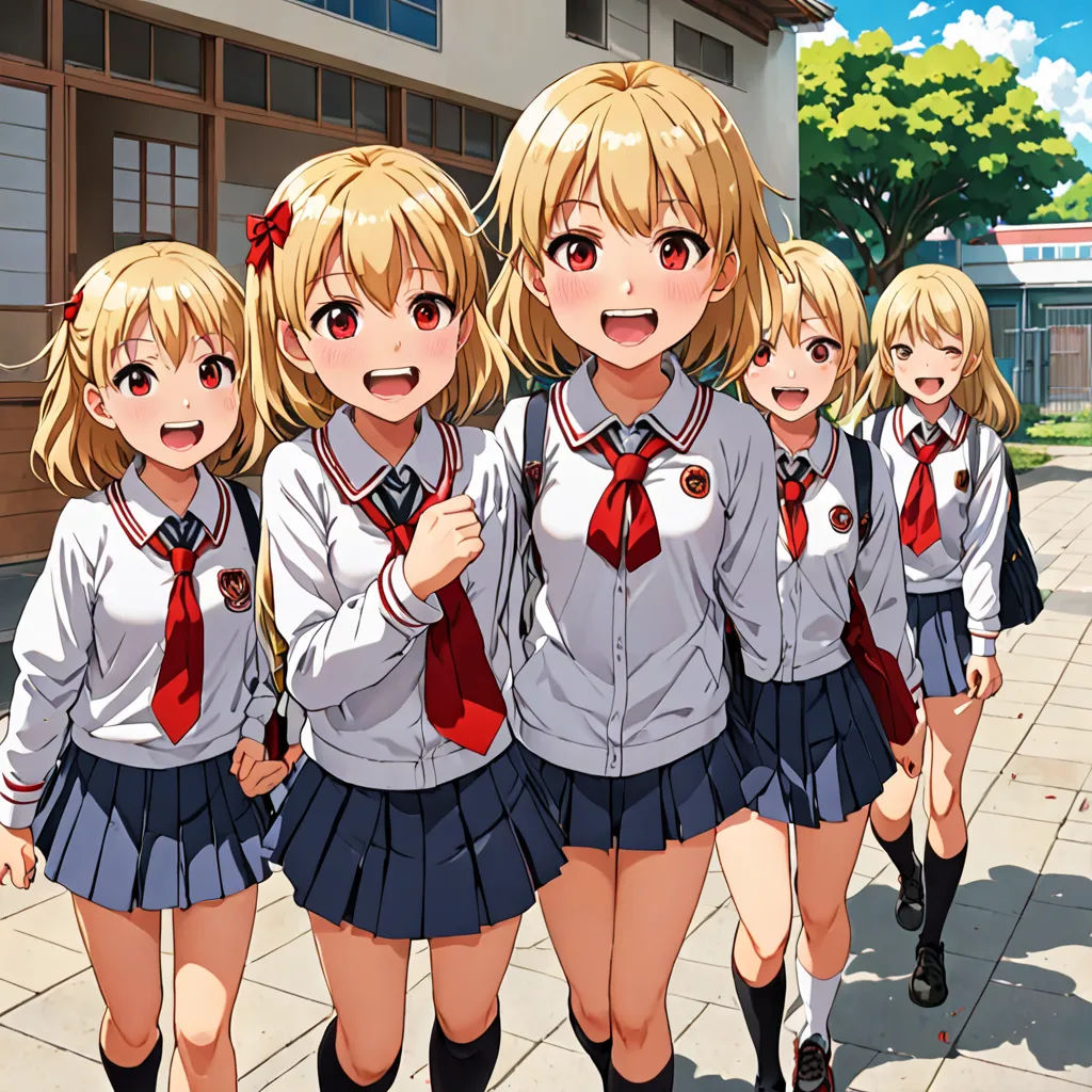 a group of girls in school uniforms walking down a sidewalk together in front of a building with a clock, rayonism, a stock photo, Aya Goda, official art