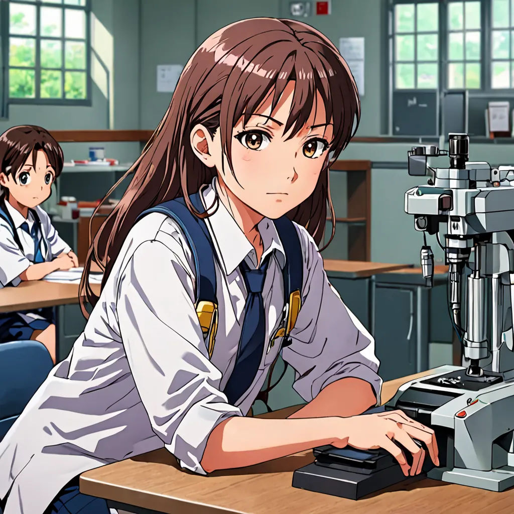 a girl is sitting at a desk with a computer and a microscope in front of her and another girl is sitting at a desk with a computer, remodernism, computer graphics, Chizuko Yoshida, official art