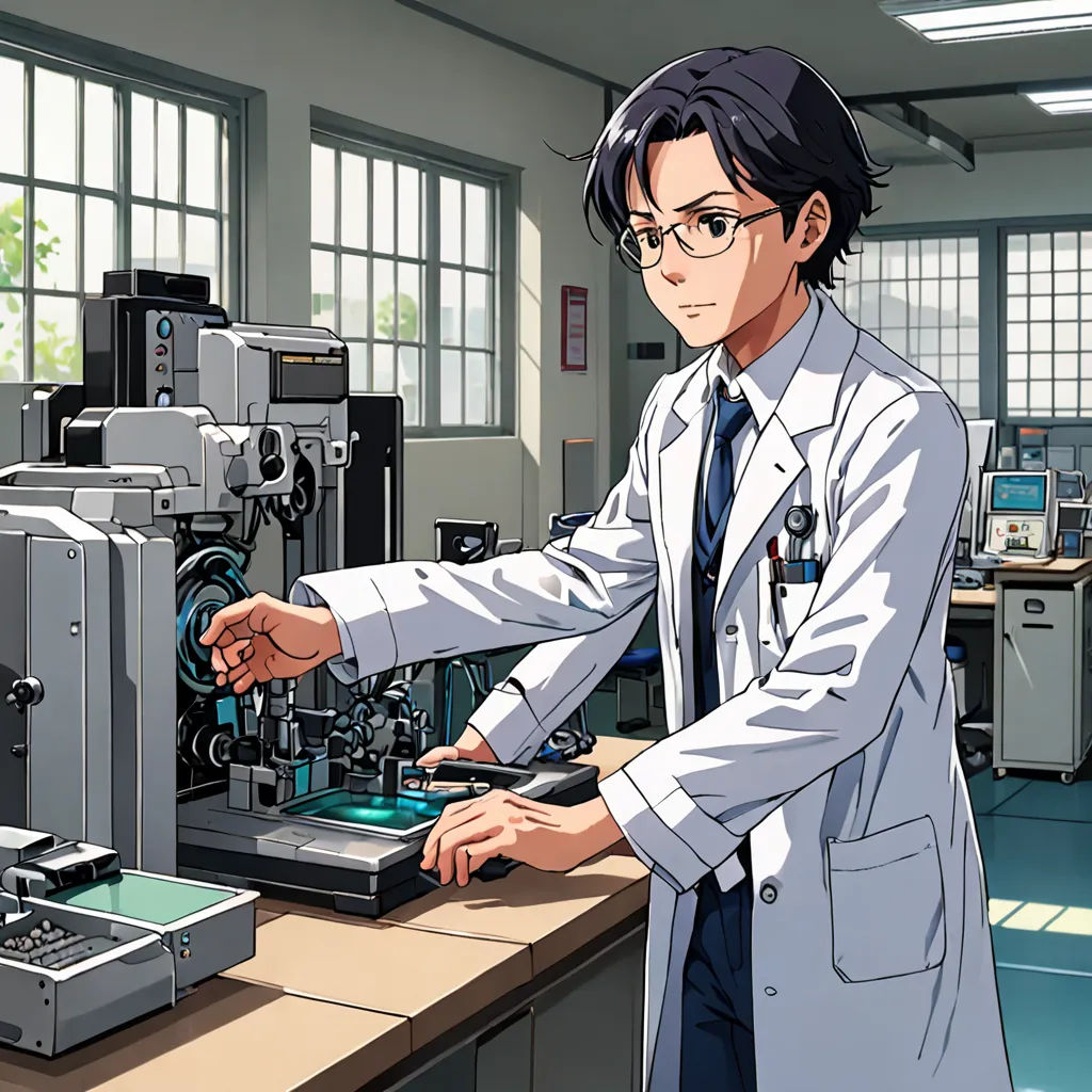 a man in a lab coat is working on a machine in a room with windows and a desk with a computer, remodernism, computer graphics, Aguri Uchida, official art