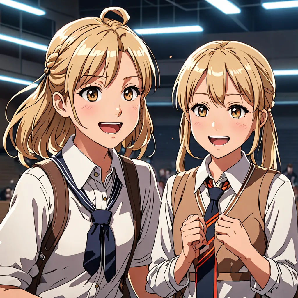 two anime girls standing next to each other in a room with lights on the ceiling and a ceiling fan behind them, remodernism, a stock photo, Aya Goda, official art