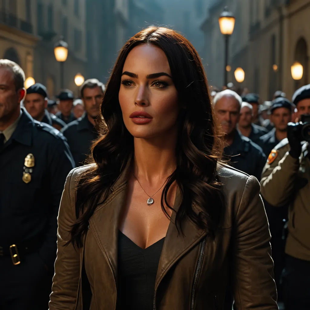 a woman in a leather jacket is surrounded by police officers and photographers in a city street at night time, symbolism, a comic book panel, Aleksi Briclot, promotional image