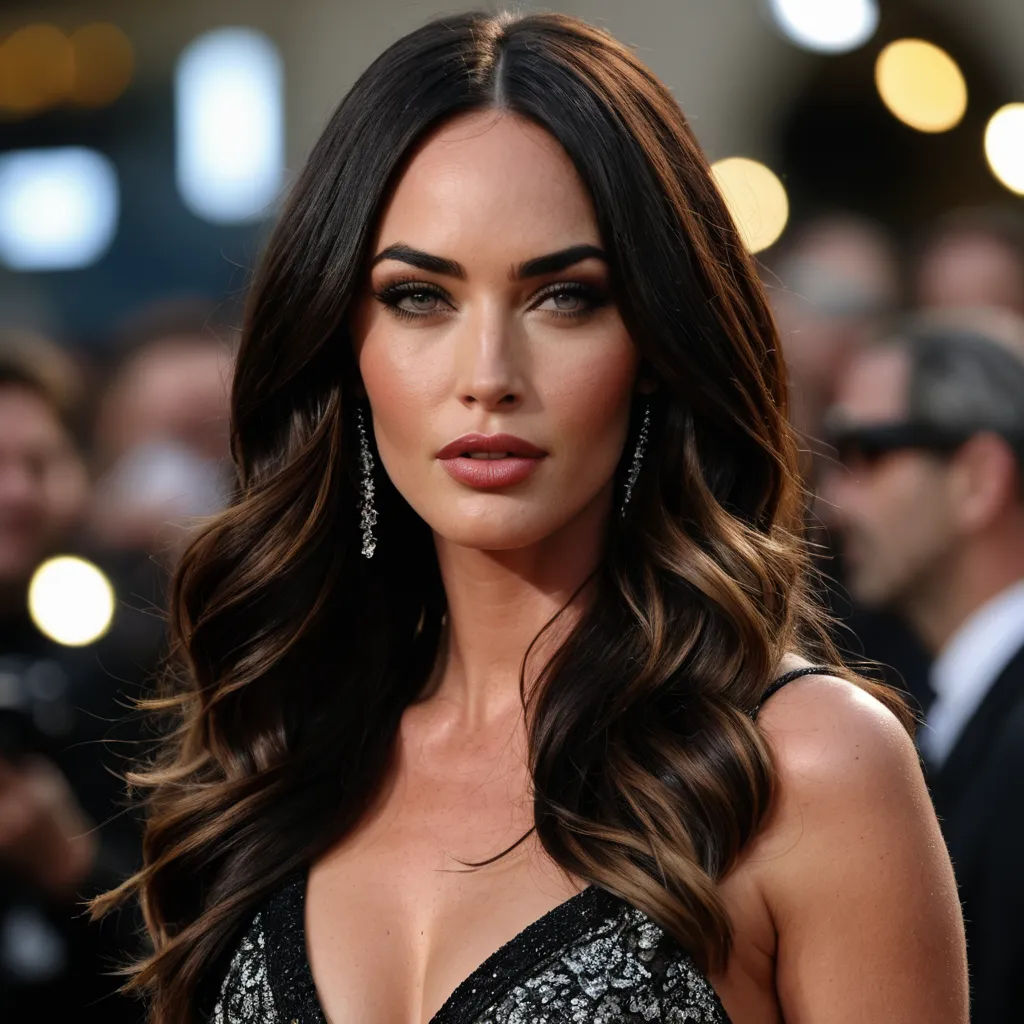 a woman with long hair and a black dress on a red carpet with people in the background and a man in a suit, lowbrow, a marble sculpture, Aramenta Dianthe Vail, long dark hair