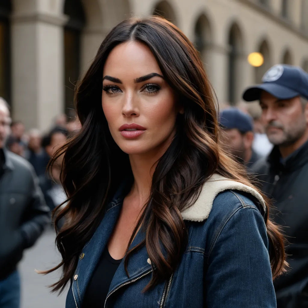 a woman with long hair and a denim jacket on is looking at the camera while standing in front of a crowd, lowbrow, a portrait, Aramenta Dianthe Vail, long dark hair