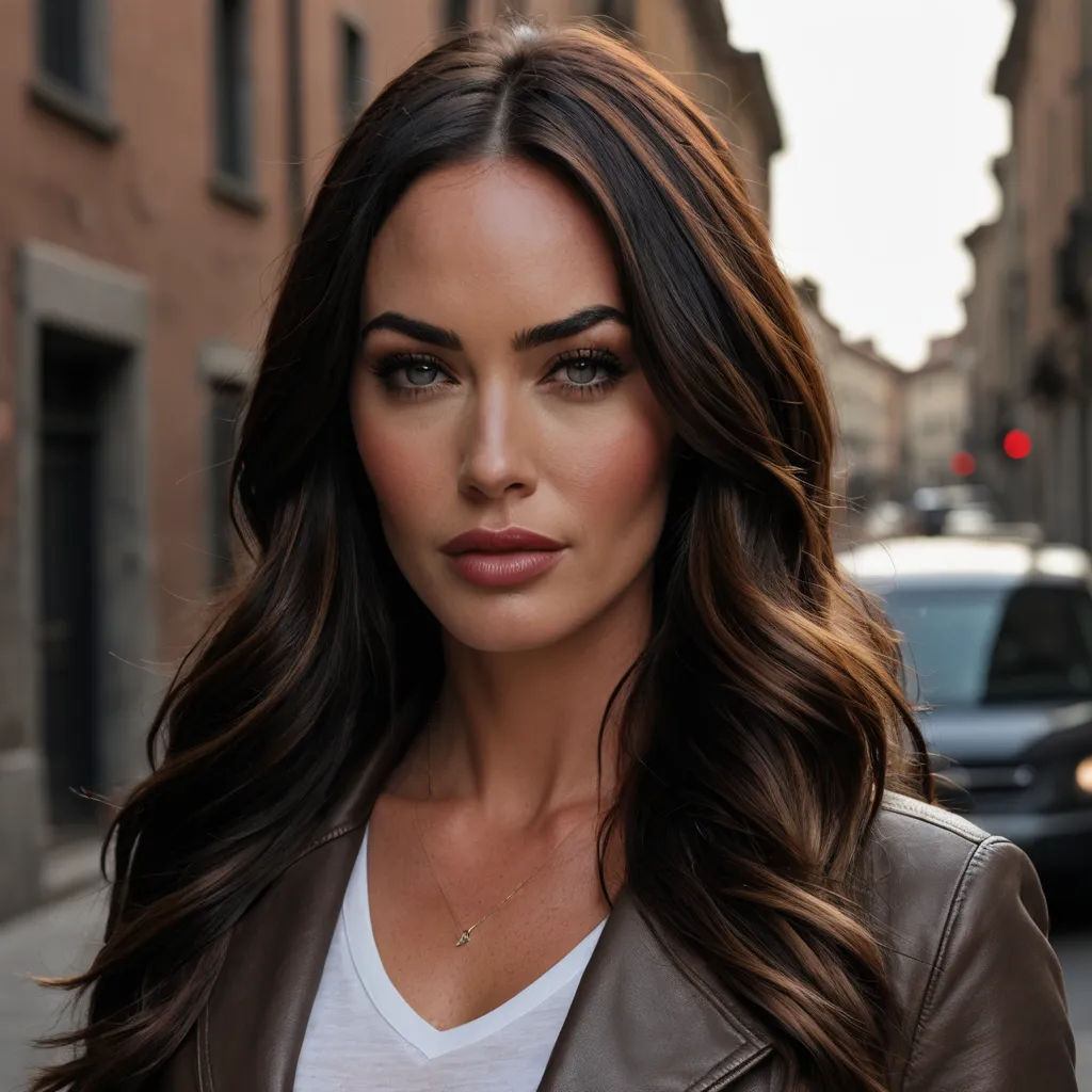 a woman with long hair and a leather jacket on a street corner with cars in the background and a building with a red light, hyperrealism, a portrait, Aramenta Dianthe Vail, perfect face