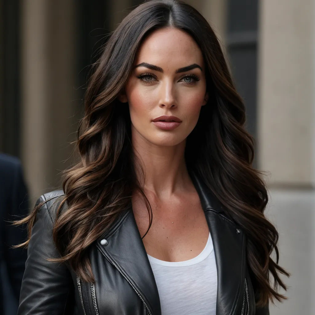 a woman with long hair wearing a black leather jacket and white shirt is walking down a street with a man in the background, lowbrow, a portrait, Aramenta Dianthe Vail, perfect face