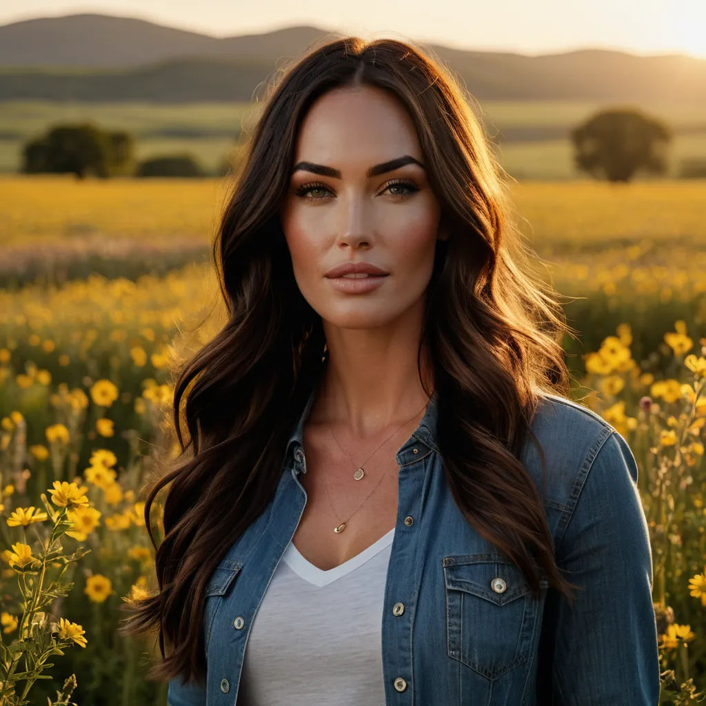 a woman standing in a field of flowers with a mountain in the background and a sun setting behind her, naturalism, a portrait, Aramenta Dianthe Vail, portrait photography