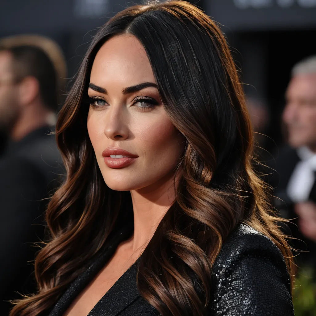 a woman with long hair and a black dress on a red carpet with other people in the background and a man in a suit, lowbrow, a photo, Aramenta Dianthe Vail, perfect face
