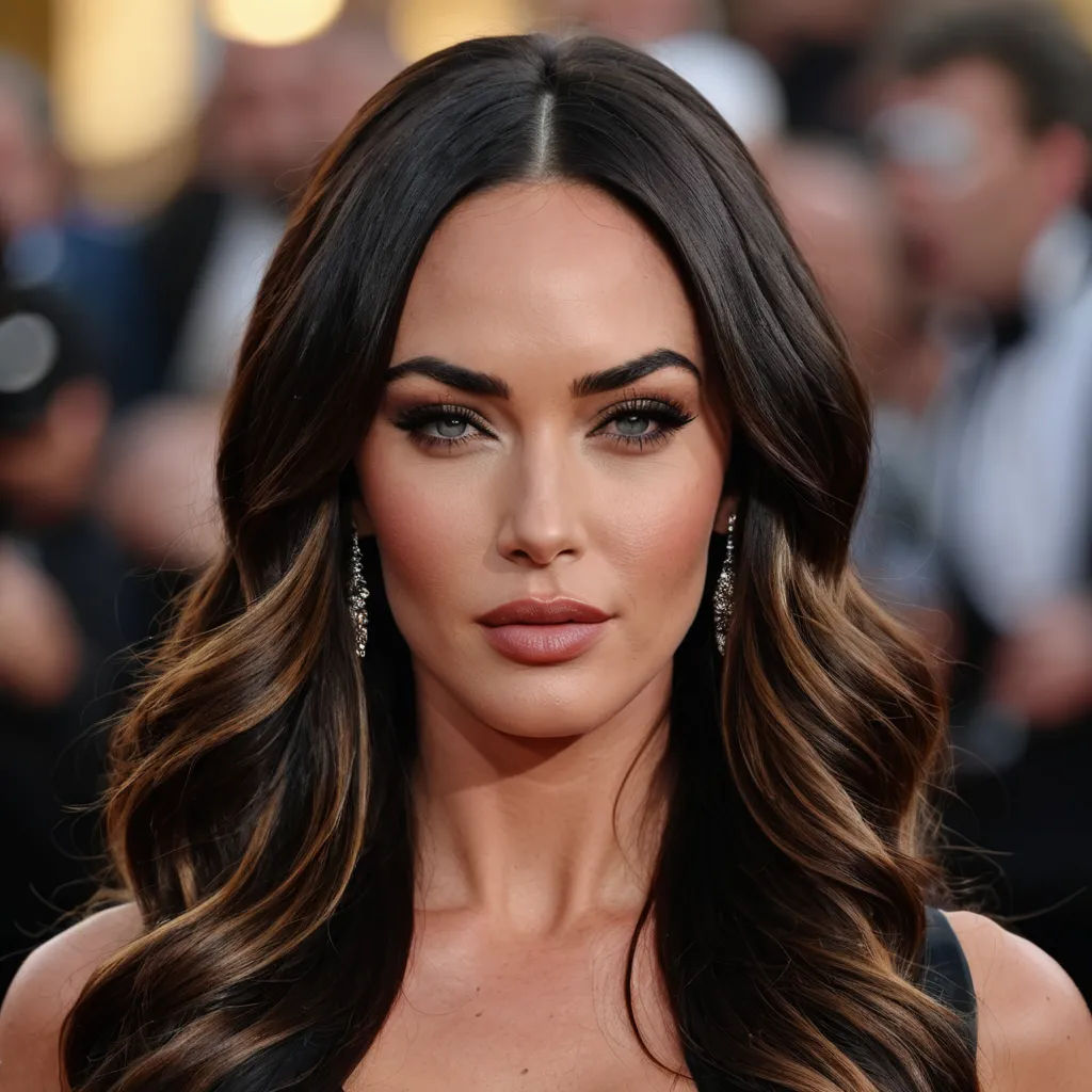 a woman with long hair and a black dress on a red carpet with a camera in the background and a man in the background, lowbrow, a marble sculpture, Aramenta Dianthe Vail, perfect face