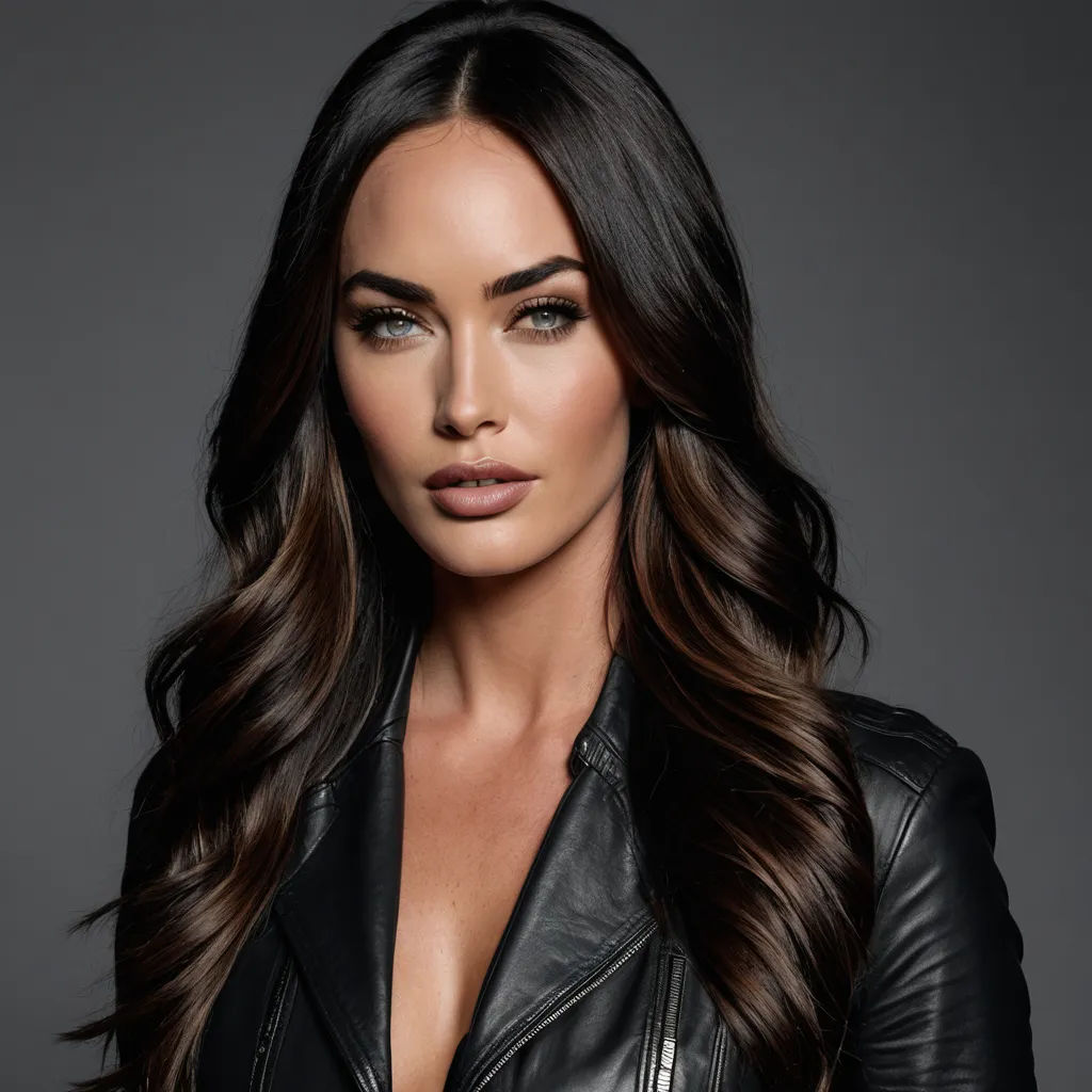 a woman in a black leather jacket posing for a picture with her eyes closed and her hair in a low ponytail, lowbrow, a portrait, Aramenta Dianthe Vail, long dark hair