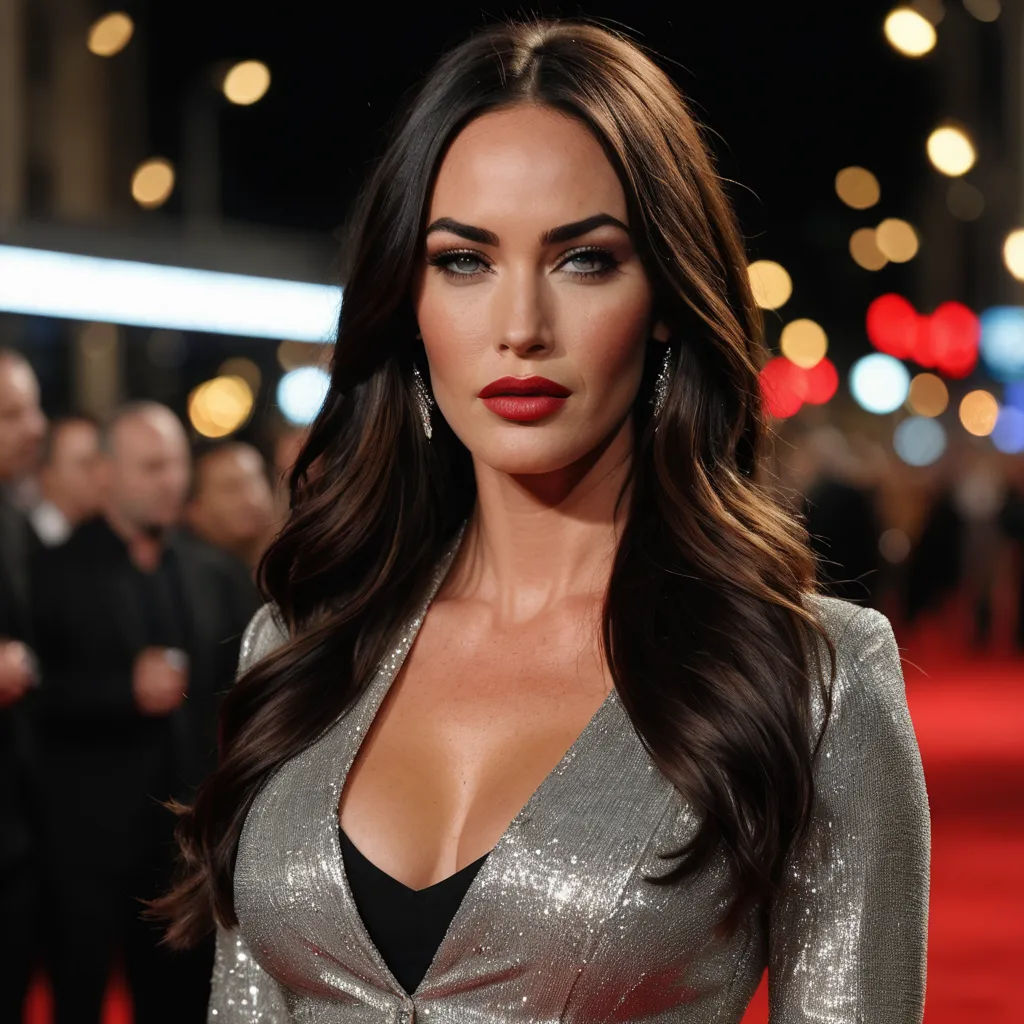 a woman with long dark hair and a red lipstick on a red carpet with lights in the background and a black dress, private press, a bronze sculpture, Avgust Černigoj, perfect face