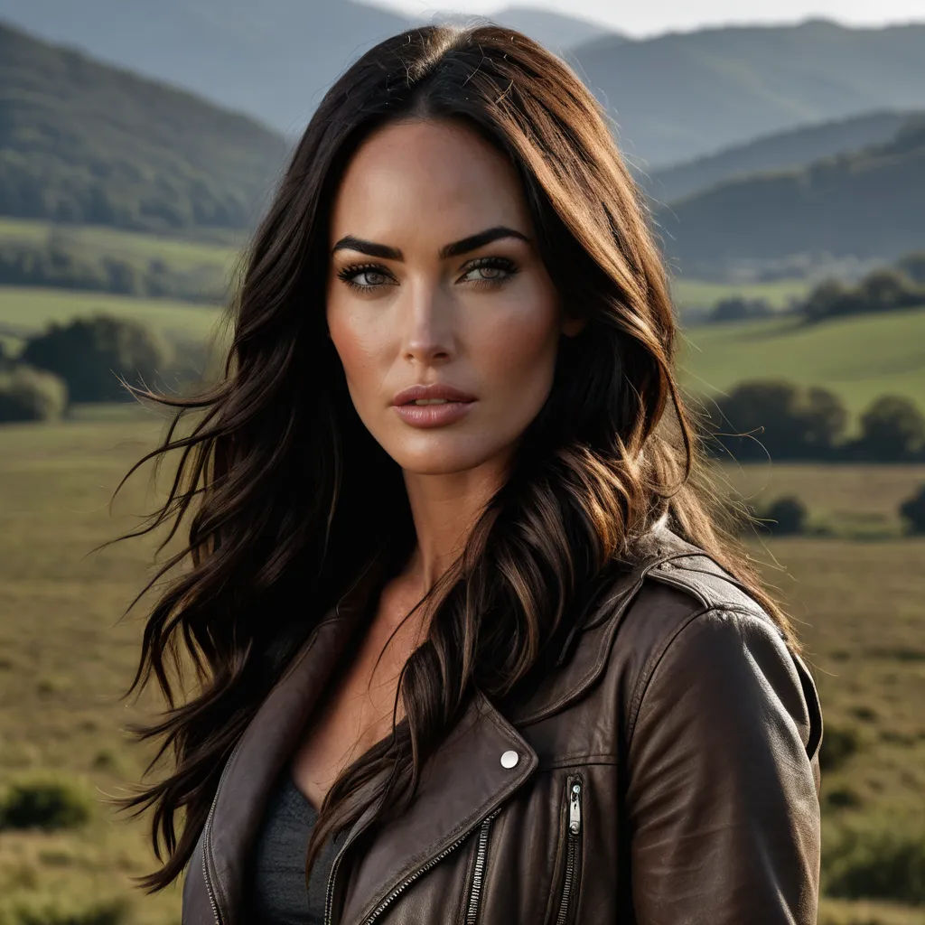 a woman in a brown leather jacket standing in a field with mountains in the background and a valley in the distance, serial art, a character portrait, Eva Gonzalès, promotional image