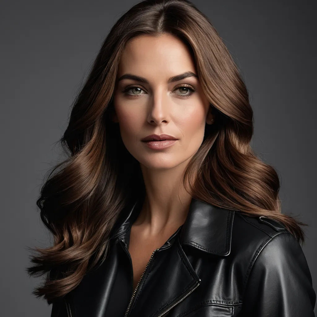 a woman with long hair wearing a black leather jacket and posing for a picture with her eyes closed and her hair in a half - up, lyco art, a character portrait, Christian Hilfgott Brand, promotional image