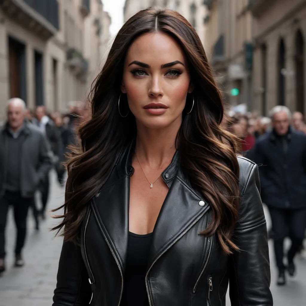 a woman in a black leather jacket is walking down the street with people in the background and a man in a suit is walking down the street, fine art, a portrait, Aramenta Dianthe Vail, long dark hair
