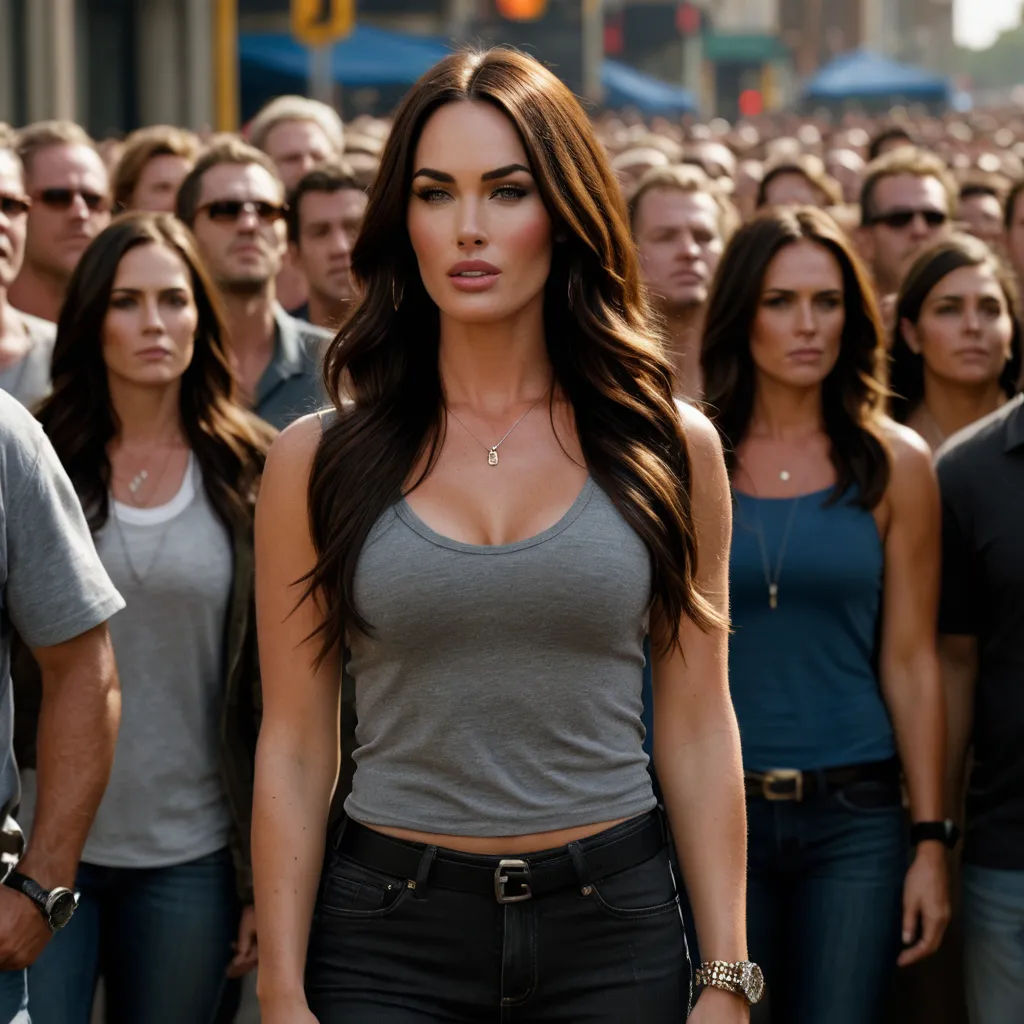 a woman standing in front of a crowd of people in a city street with a man in the background, antipodeans, a renaissance painting, Anna Katharina Block, promotional image