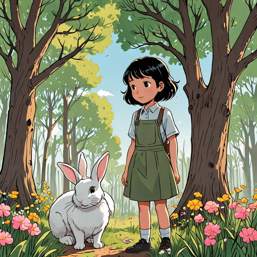a girl standing next to a white rabbit in a forest with flowers and trees behind her, with a forest scene behind her, Alice Prin, process art, a storybook illustration, comic cover art