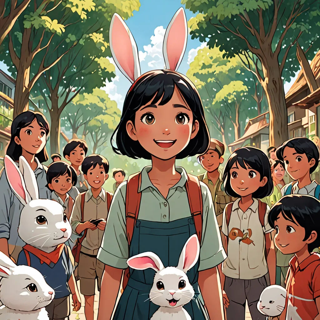 a girl standing in front of a group of children with rabbits in front of her and a man in the background, David Park, magical realism, a storybook illustration, comic cover art