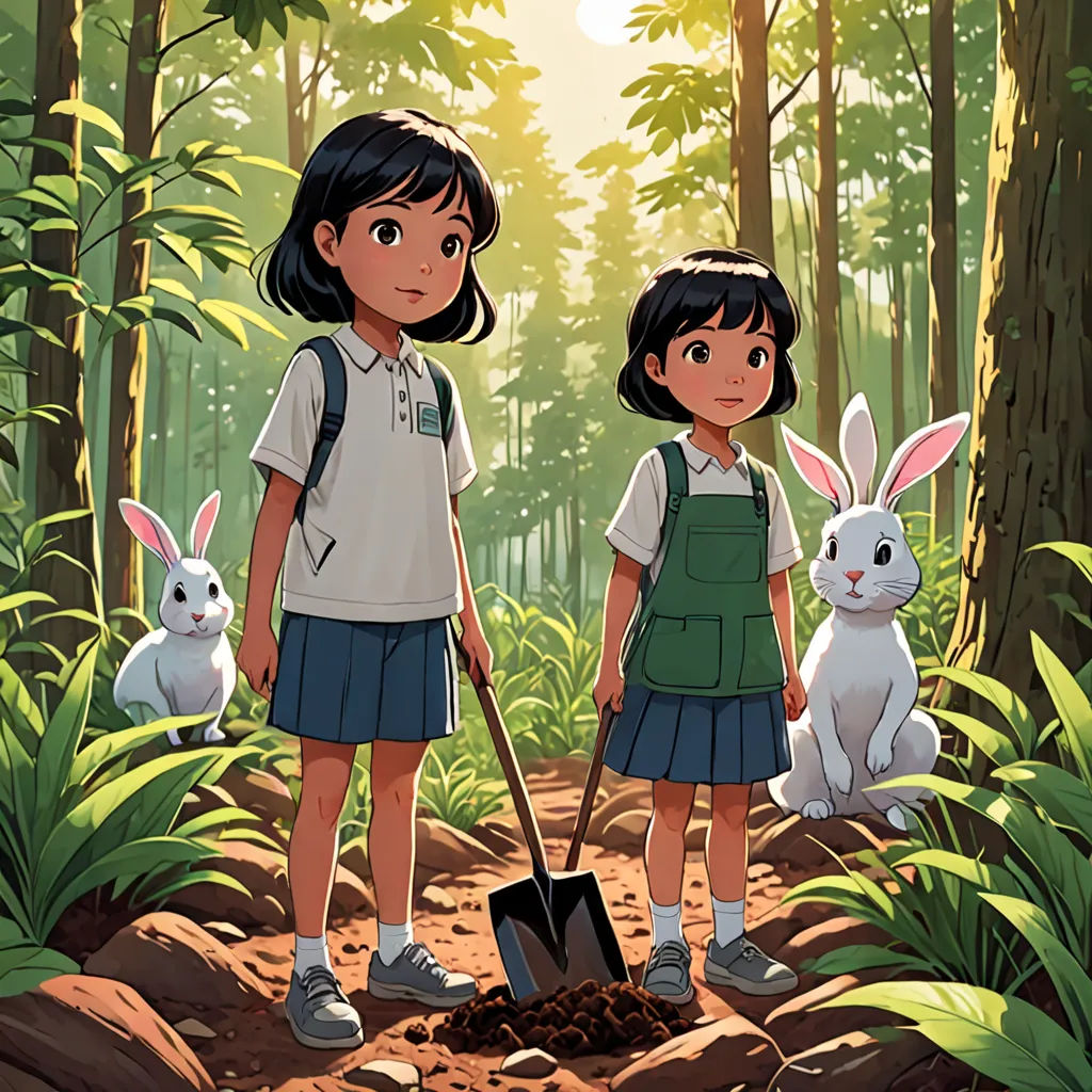 a couple of kids standing next to each other in a forest with rabbits behind them and a shovel in the dirt, Diego Gisbert Llorens, serial art, a storybook illustration, official art