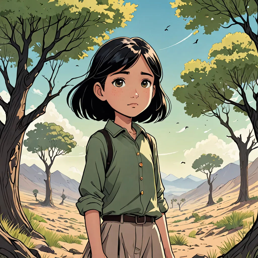 a girl standing in a forest with trees and a bird flying overhead in the sky above her head is a bird flying overhead, Amir Zand, environmental art, poster art, comic cover art