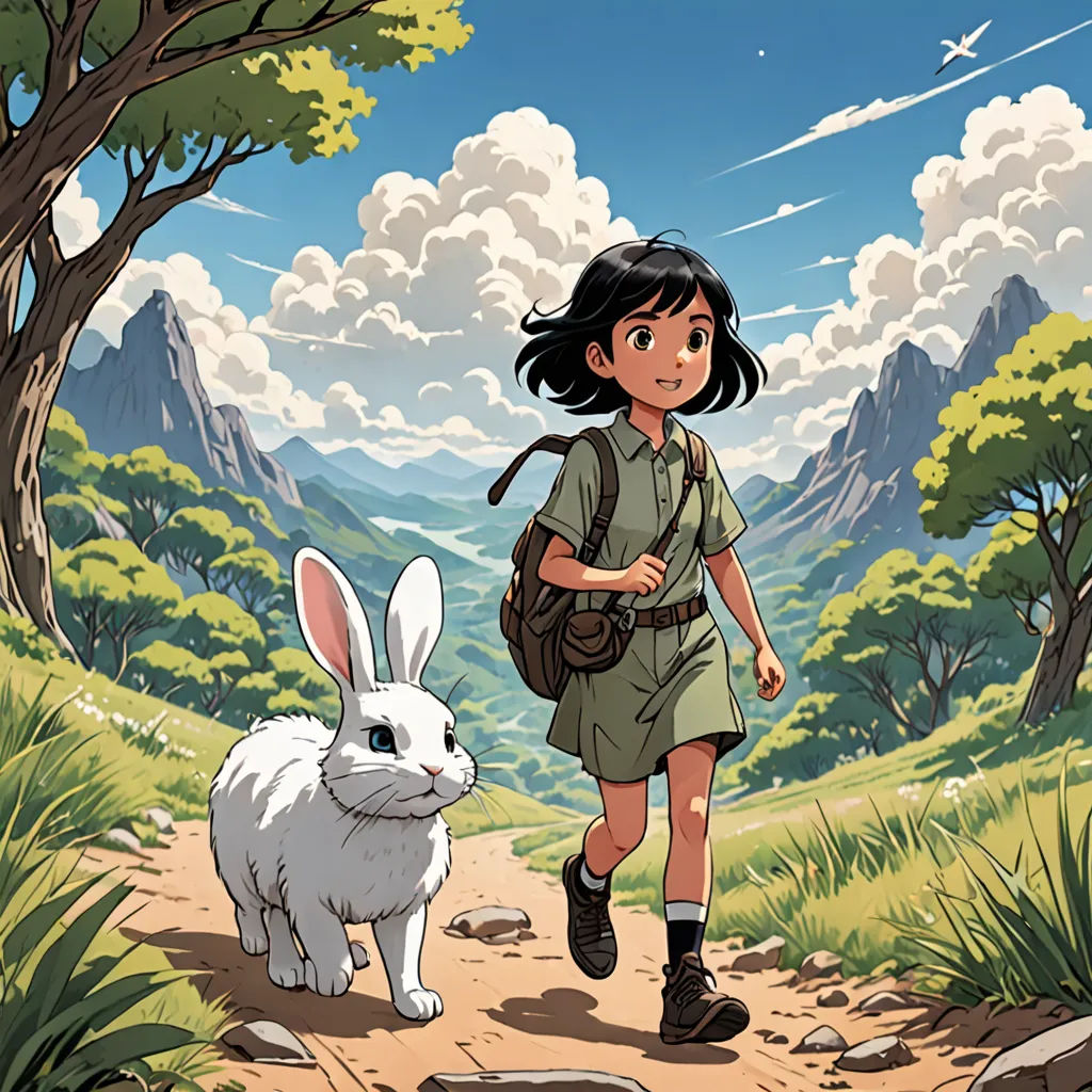 a girl is walking down a path with a rabbit in front of her and a mountain in the background, Atey Ghailan, process art, poster art, official art
