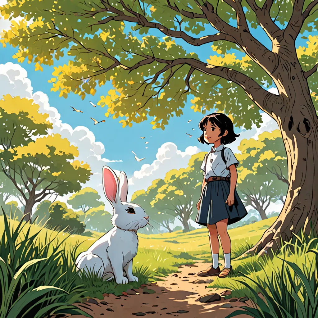 a girl standing next to a white rabbit in a forest with a tree in the background and a sky with clouds, Aaron Jasinski, context art, a storybook illustration, ghibli