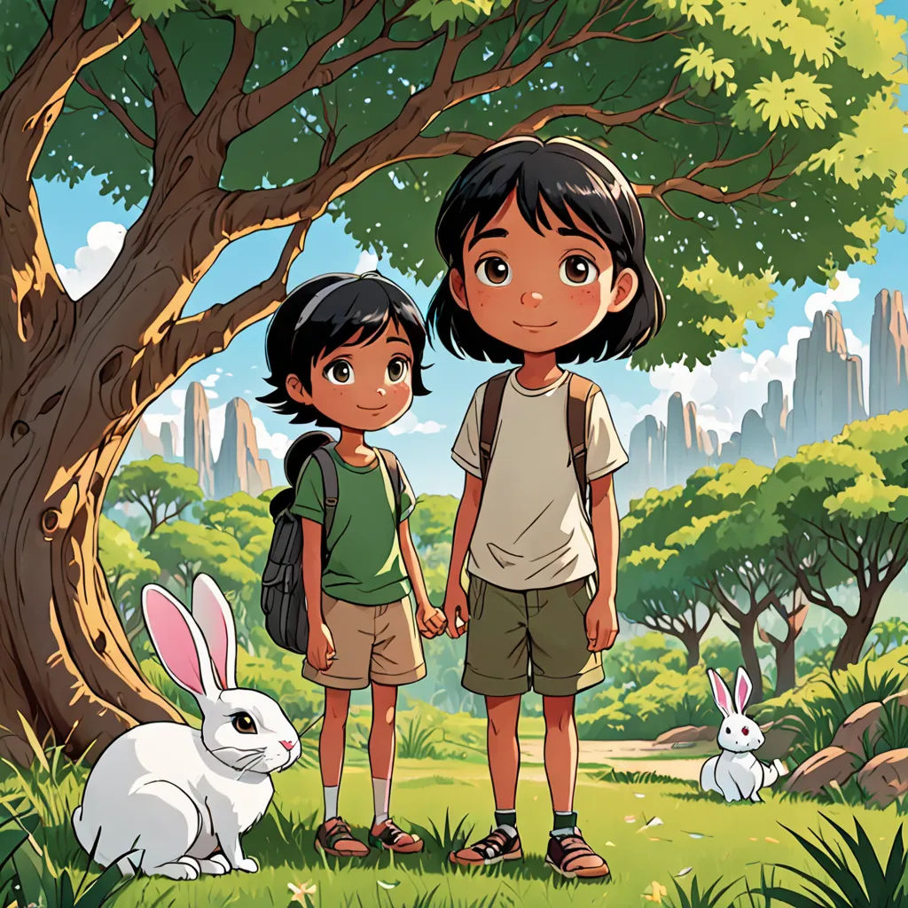 a couple of kids standing next to a tree with a bunny in front of them and a mountain in the background, Cliff Childs, furry art, poster art, promotional image
