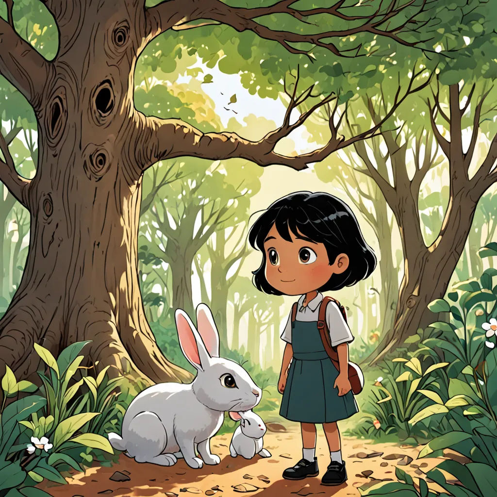 a girl standing next to a white rabbit in a forest with trees and flowers on the ground and a tree trunk, Diego Gisbert Llorens, magical realism, a storybook illustration, comic cover art